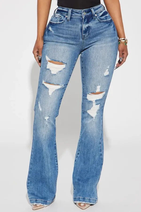 Marley Ripped Compression Flare Jeans - Medium Wash