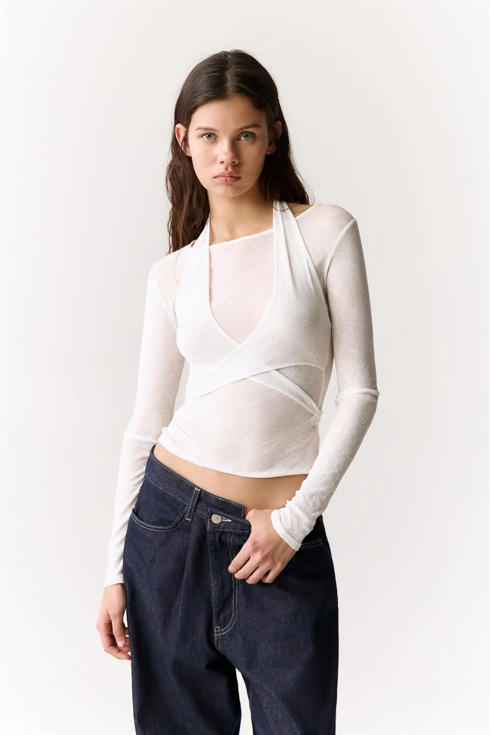 Double-layer top with crossover neckline
