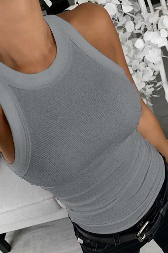 Solid Rib-Knit Round Neck Tank Top