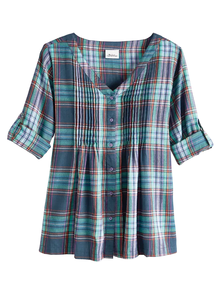 Pintuck Plaid Brushed-Cotton Tunic Top