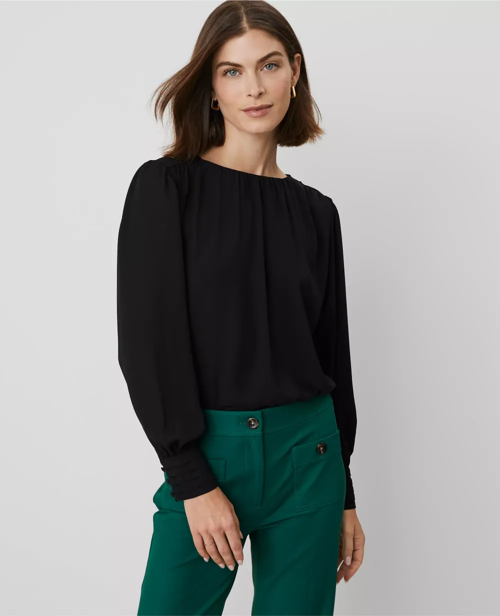 Mixed Media Pleated-Cuff Top