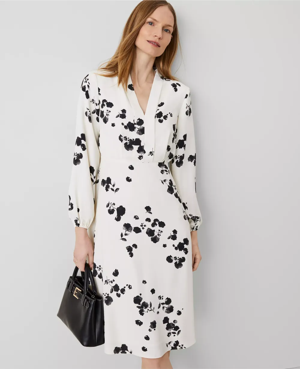 Floral Shawl Collar Flare Dress