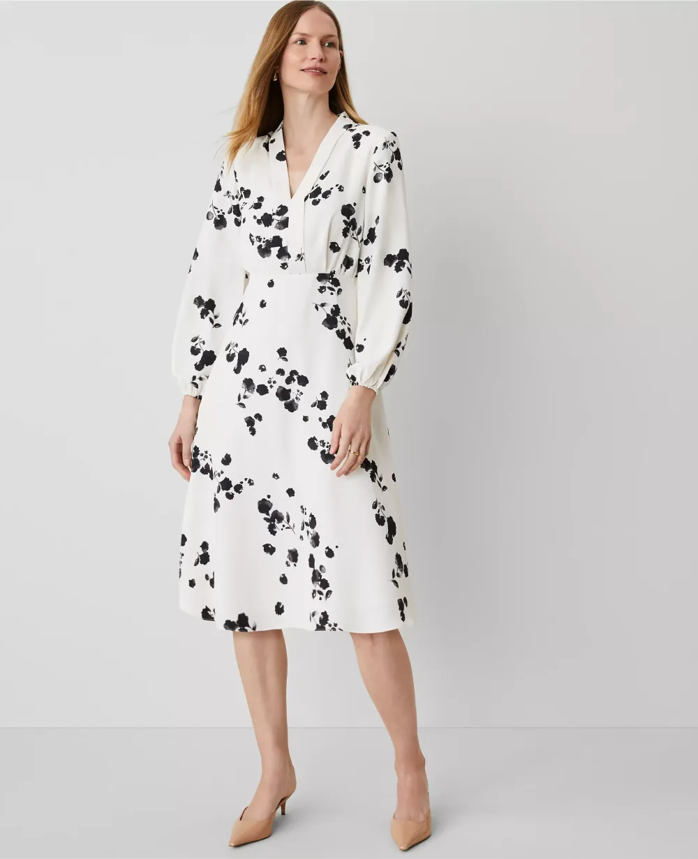 Floral Shawl Collar Flare Dress