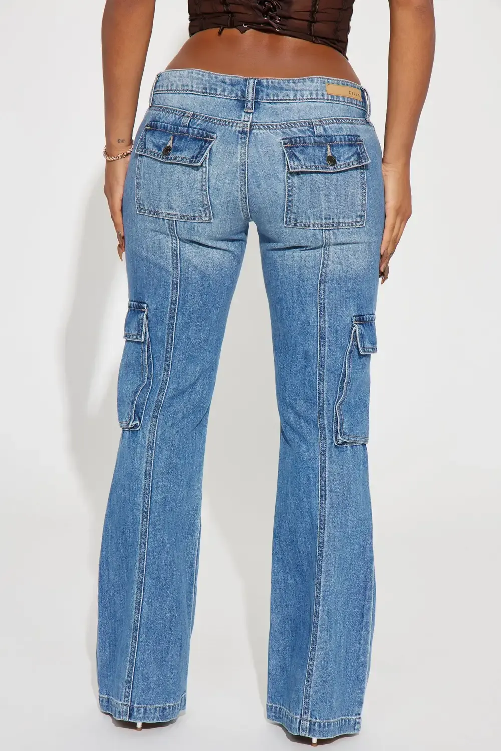 Dropping By Cargo Flare Jeans - Medium Wash