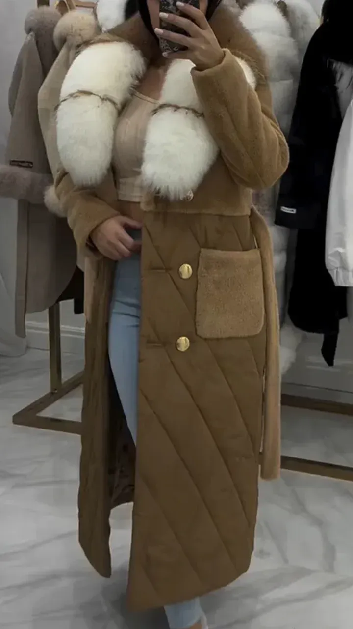 Women's Large Lapel Fur Patchwork Sleeves Contrast Color Long Coat