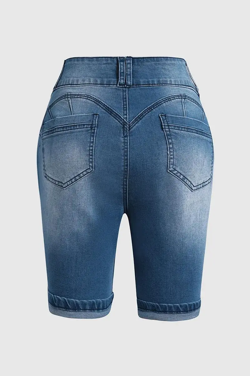 Double Button Roll Hem High Waist Denim Mid Thigh Shorts