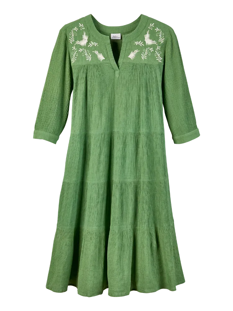 Embroidered Leaves Crinkle Cotton Tiered Dress