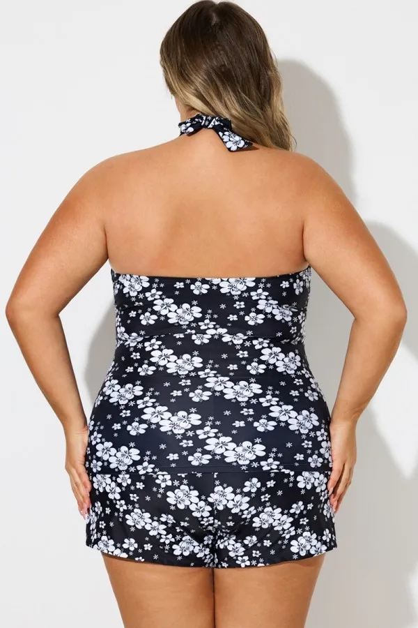 Floral Print Self-Tie Halter Shirred Tankini Top