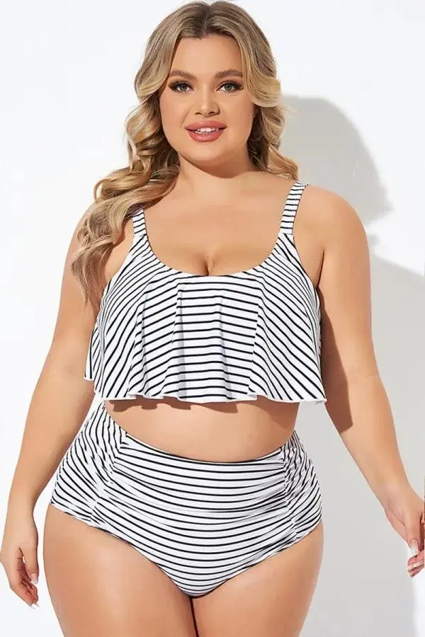 Black and White Stripes Scoop Neck Bikini Top