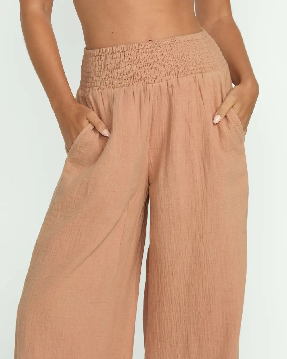 New Waves Gauze Elastic Waist Pants - Rose Brown