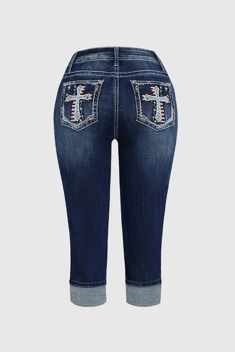 Cross Embroidered Wash High Stretch Mid Rise Capri Jeans