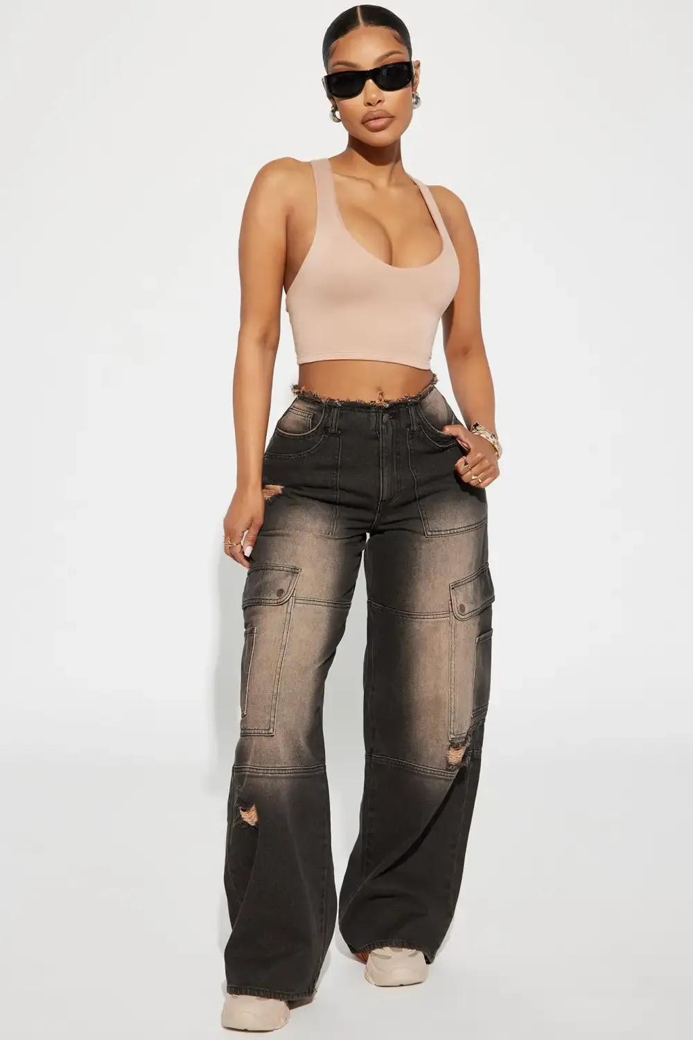 Night Sky Ripped Tinted Non Stretch Cargo Jeans - Black Wash