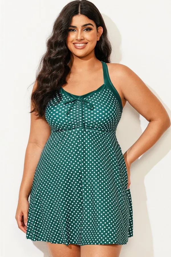 Plus Size Polka Dot Bowknot Detail Ruched Swim Dress