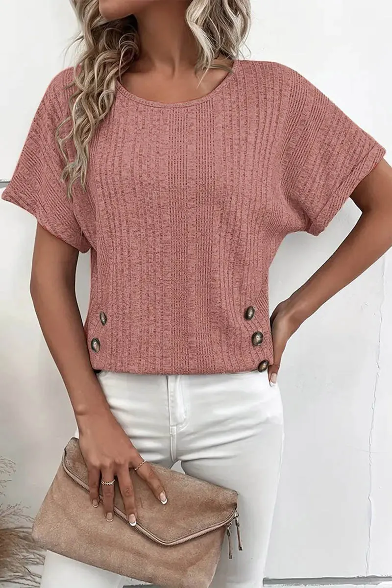 Solid Rib-Knit Decorative Button Short Dolman Sleeve T-Shirt