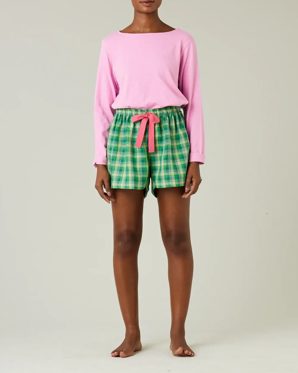 BED SHORTS GREEN MULTI CHECK LINEN