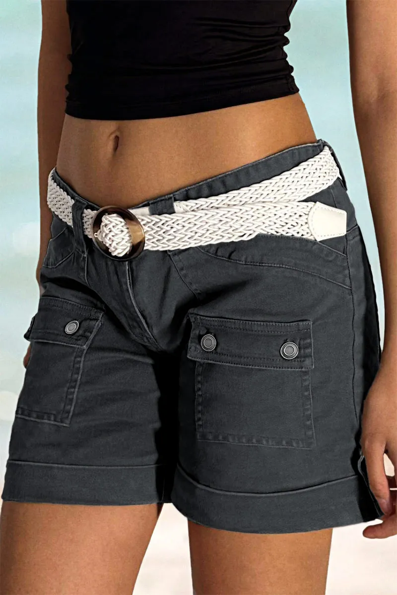 Flap Pocket Roll Tab Hem Low Waist Mid Thigh Shorts Without Belt