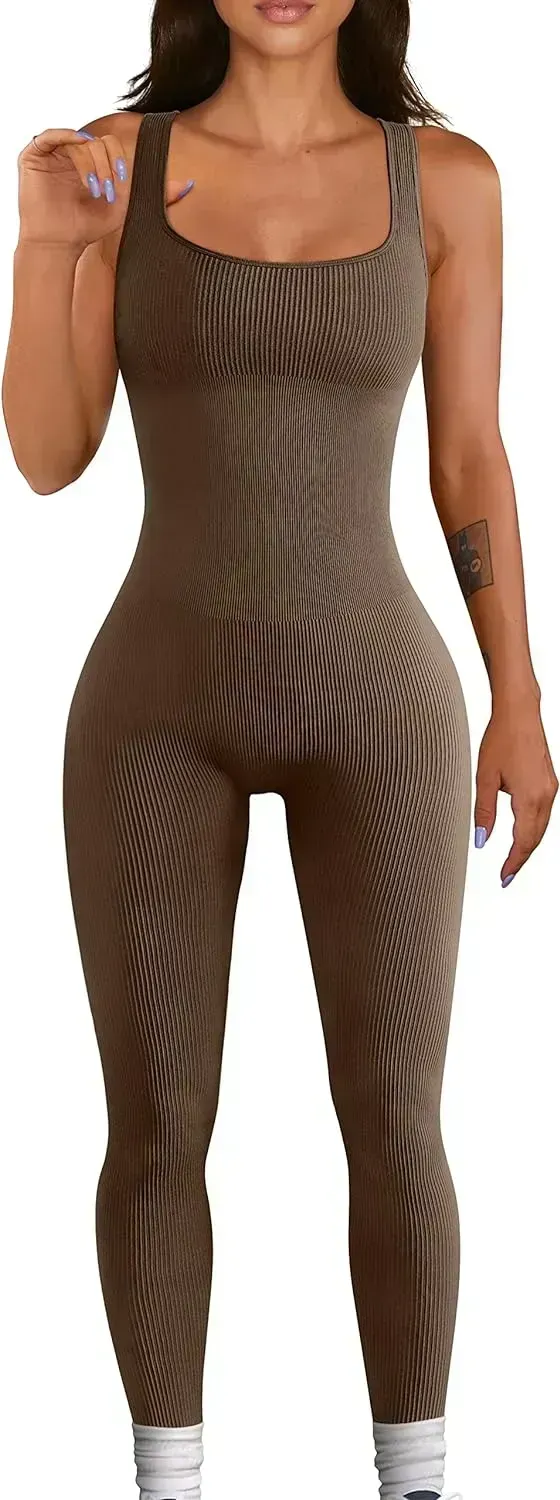 Women's Yoga Ribbed One Piece Tank Tops Rompers Sleeveless Exercise Jumpsuits
