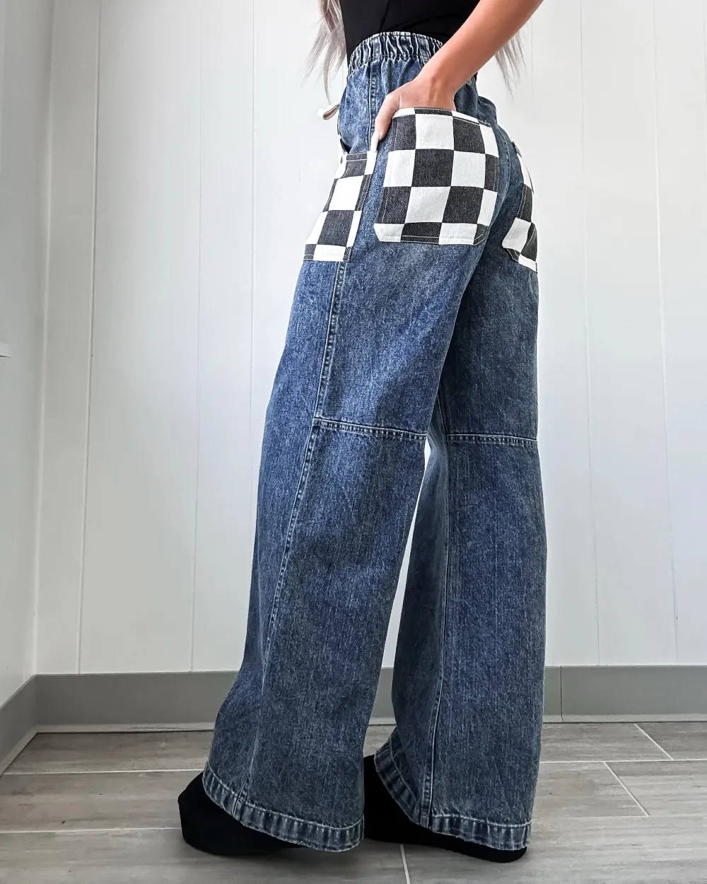 Glam Checkered Pocket Jeans - Denim