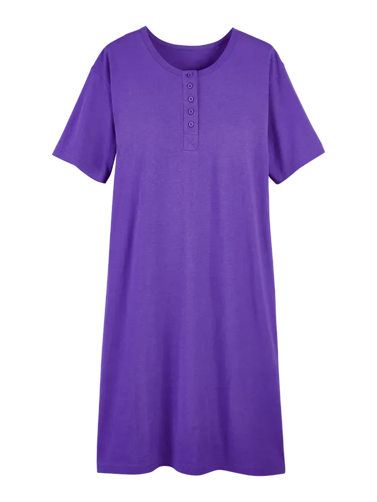 Comfort Knit Solid Color Cotton Short-Sleeve Long Nightgown