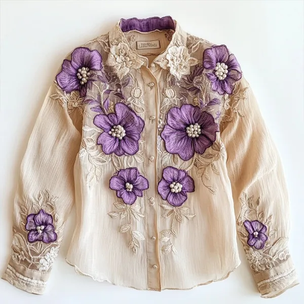 Women Said Purple Floral Embroidered Linen Blend Shirt