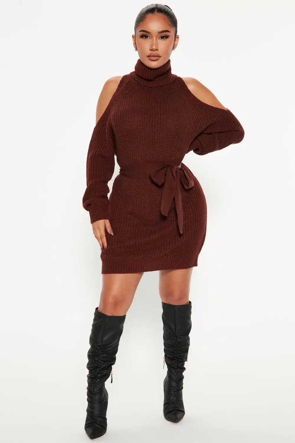 Giving Cold Shoulder Sweater Dress - Brown