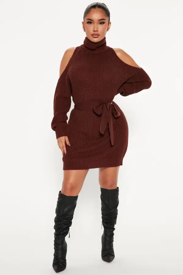 Giving Cold Shoulder Sweater Dress - Brown