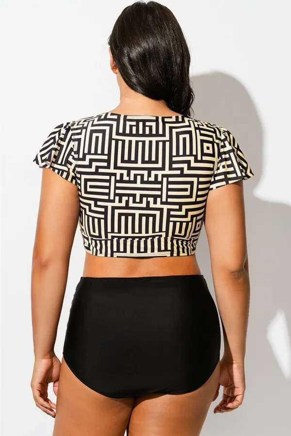 Geometric Print Retro Women Bikini Top With Sleeves