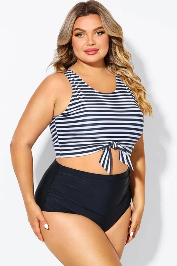 Black & White Striped Knotted Crop Bikini Top