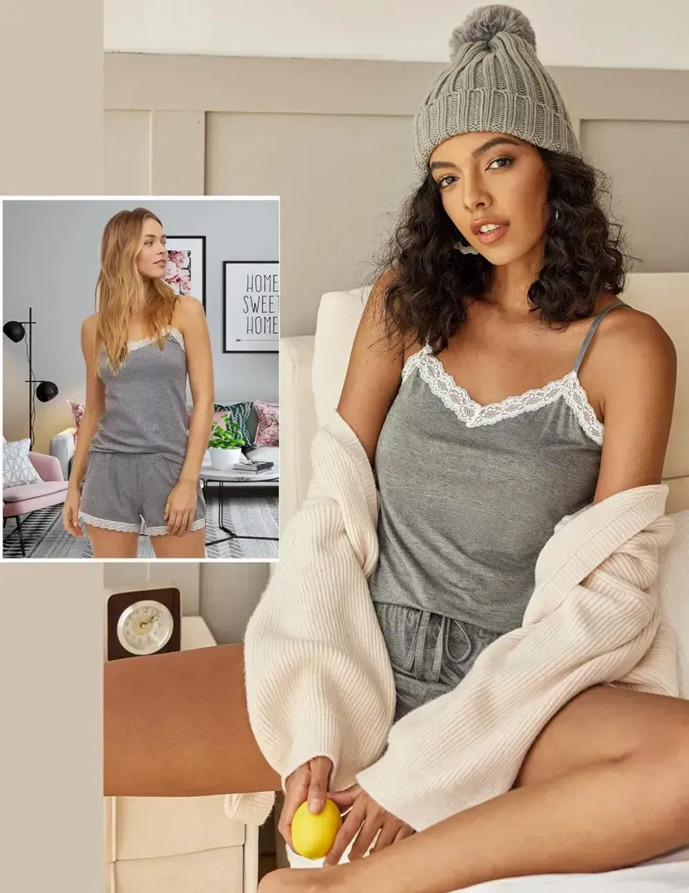 Women Cami Pajama Set Modal Sleepwear Lace Trim Short PJ Set with Shorts