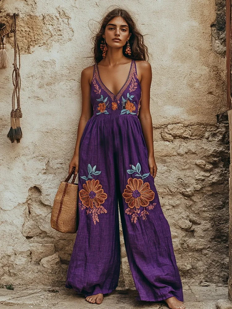 Vintage Floral Embroidered Pattern Linen Blend Loose Casual Jumpsuit