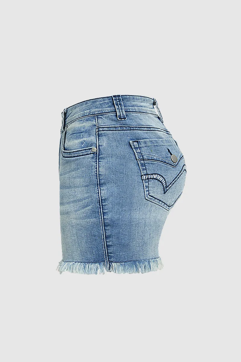 Raw Hem Stitch Detail Mid Waist Denim Shorts