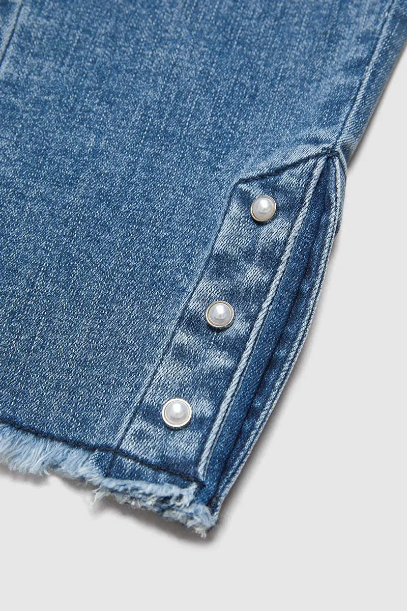 Button Side Raw Hem High Waist Skinny Jeans