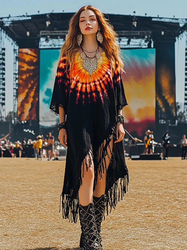 Coachella Music Festival Rock Rave Party Tie-dye Pattern Cotton And Linen Dress