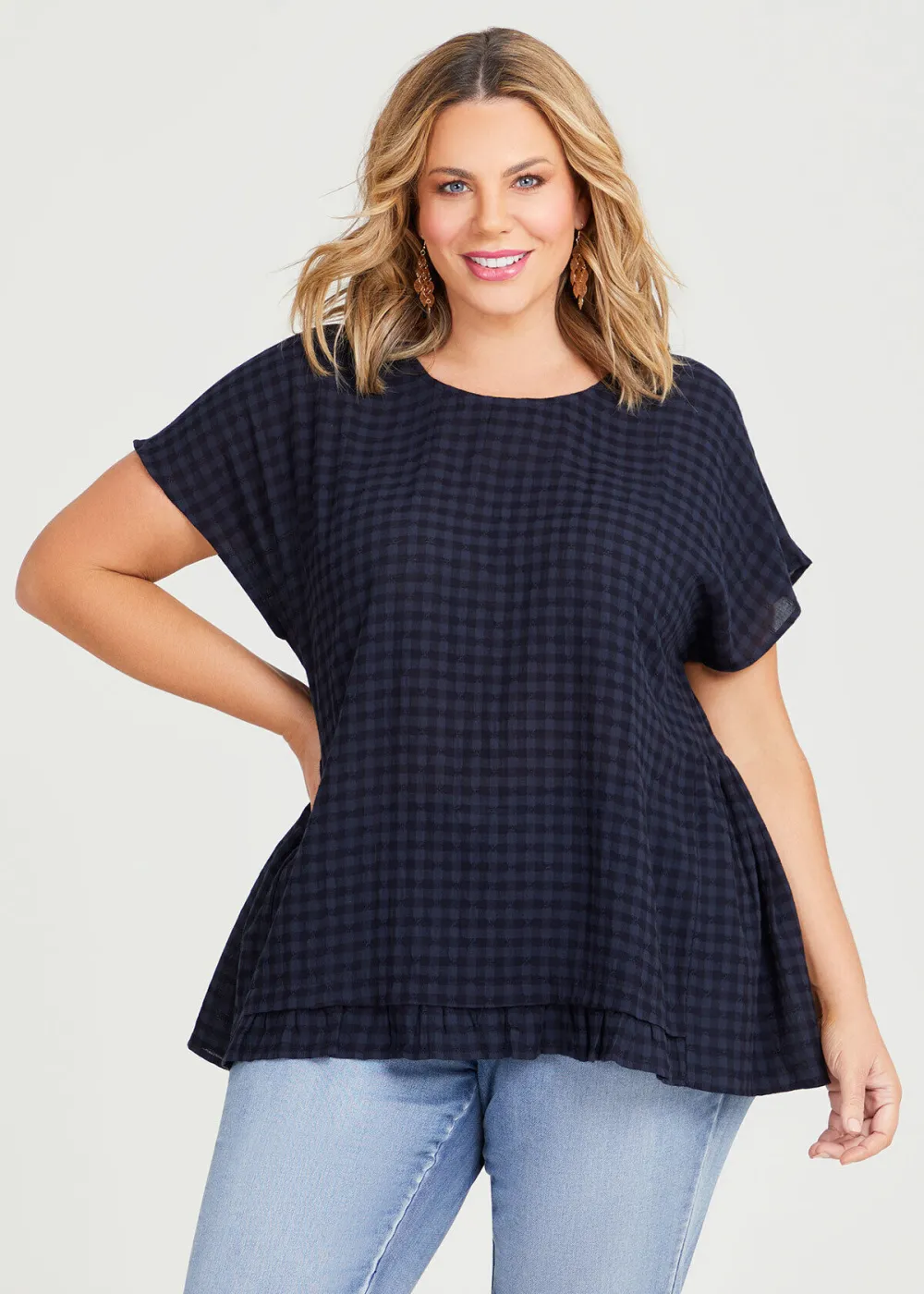 Cotton Blend Gingham Frill Top