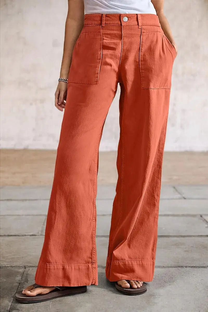 Solid Stitch Detail Mid Waist Straight Leg Pants