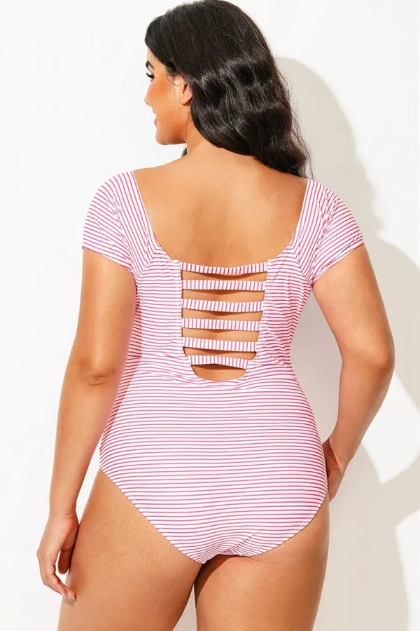 Pink Stripes Round Neck Women One Piece Swimsuit