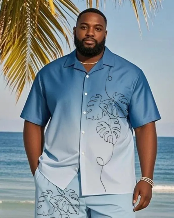 Big & Tall Men's Gradient Line Leaf Print Shirt and Shorts Suit