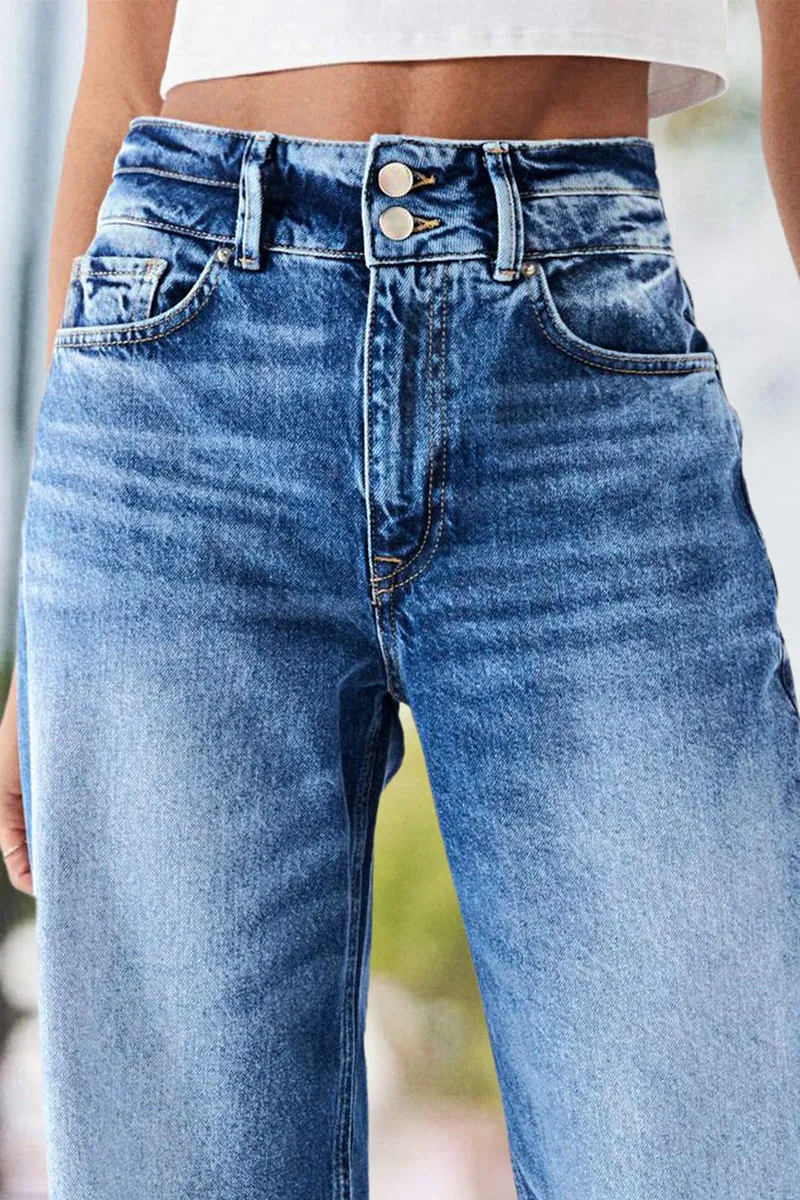 Double Button Wash High Waist Straight Leg Jeans