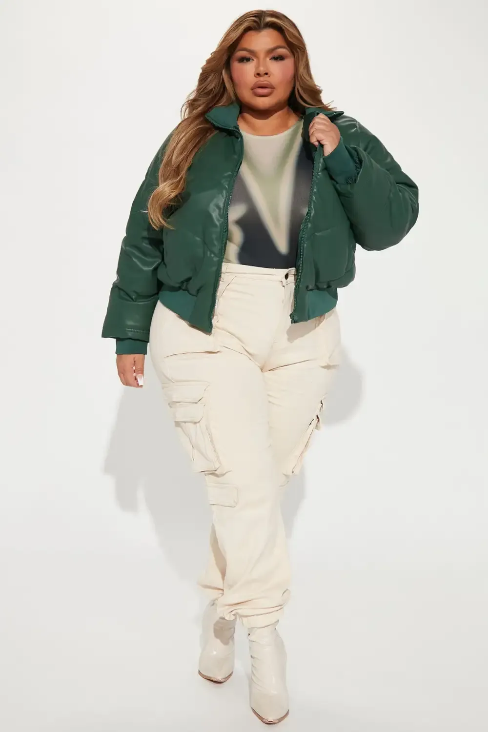 No Excuses Faux Leather Puffer Jacket - Hunter