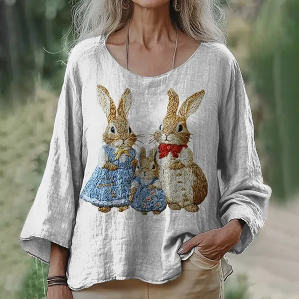 Bunny Family Animal Embroidery Women's Linen Loose Shirt