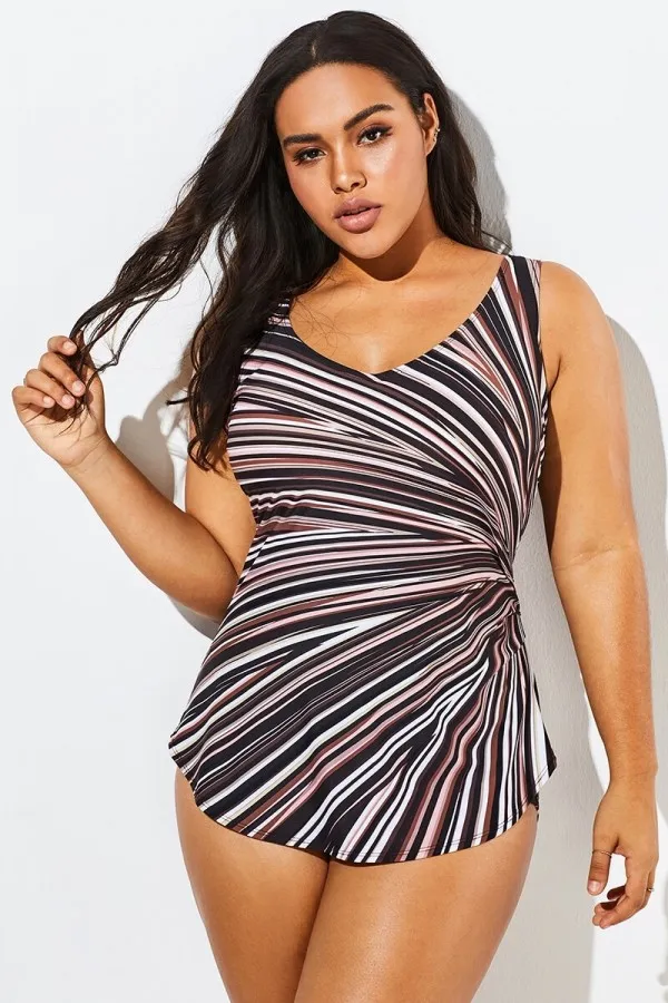 V-Neck Striped Sarong Front One Piece Swimsuit