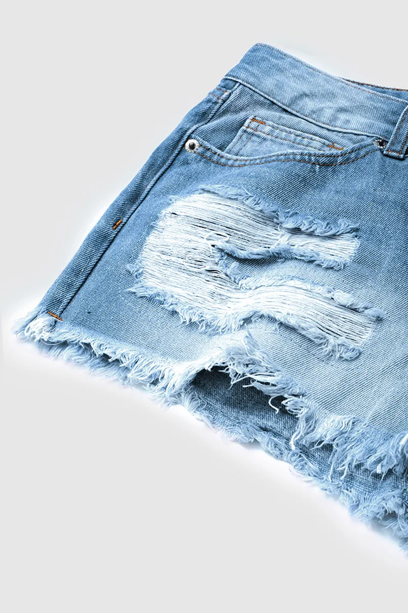 Button Fly Ripped Raw Hem Low Rise Denim Shorts