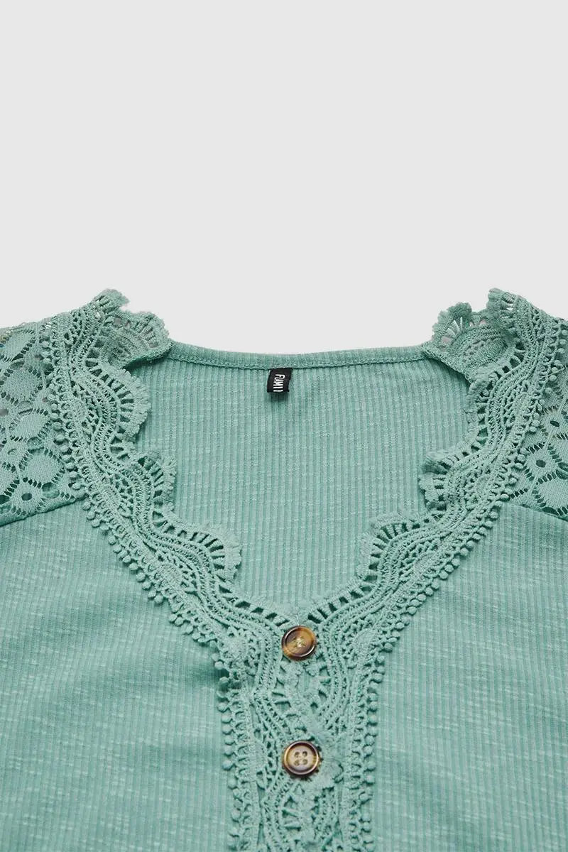 Rib-Knit Contrast Lace Button Detail Short Sleeve T-Shirt