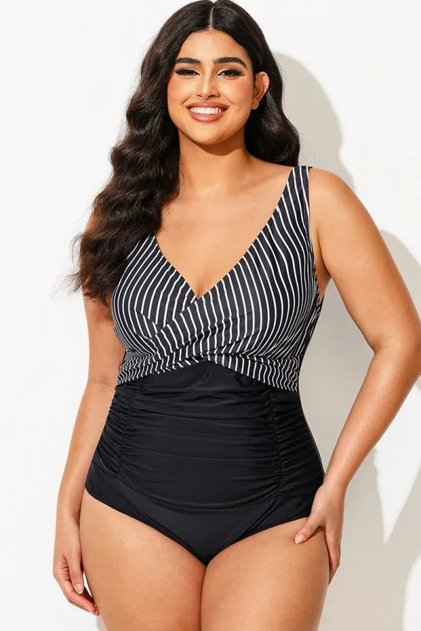 Black & White Striped Shirred One Piece Swimsuit