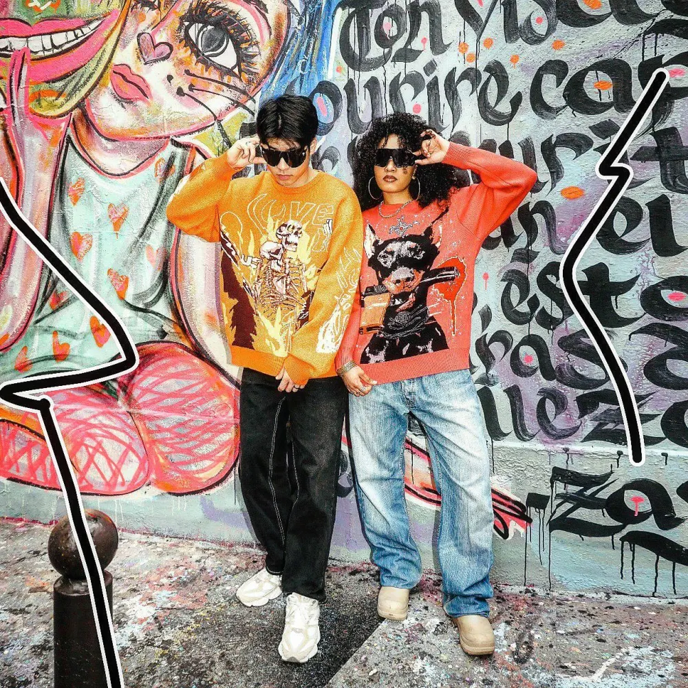 Couple Two Piece Orange and Yellow Sweater Renaissance Street Wear Fashion Printing Seasonal Trend Special Design