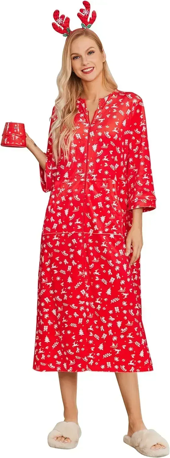 Women Zipper Robe 3/4 Sleeves Loungewear Dress Full Length Sleepwear Pockets Housecoat Nightgown Long Bathrobe