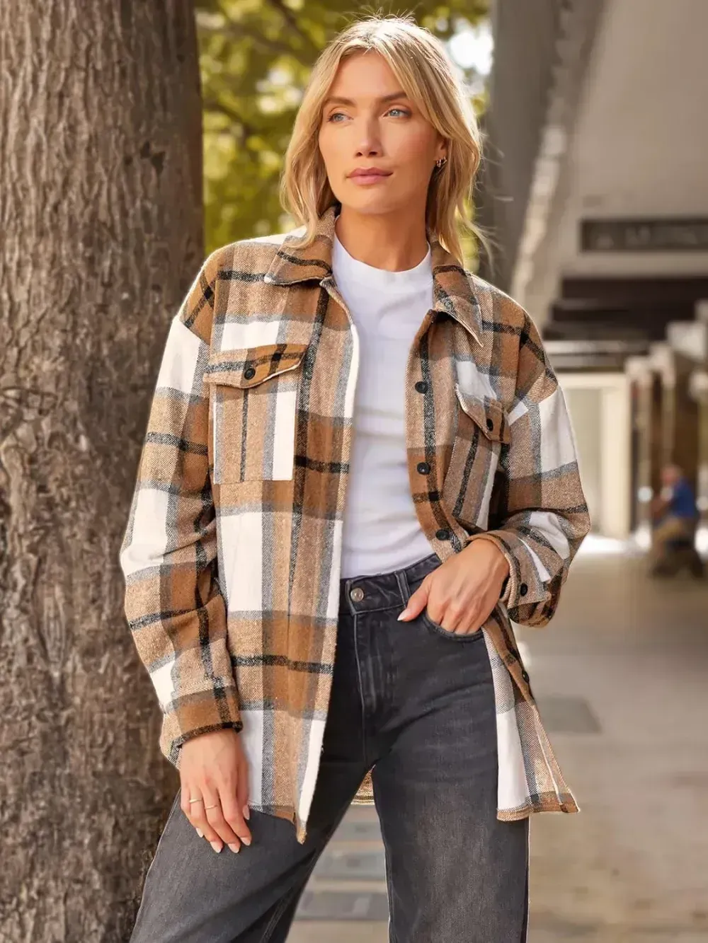 Womens Casual Plaid Shacket Button Down Long Sleeve Shirt
