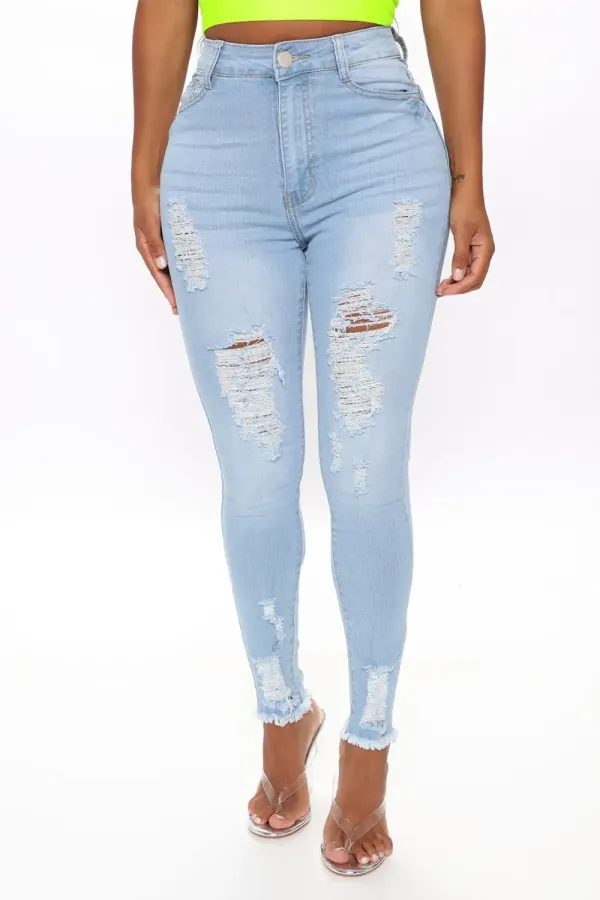 Kenley Distressed HIgh Rise Skinny Jeans - Light Blue Wash