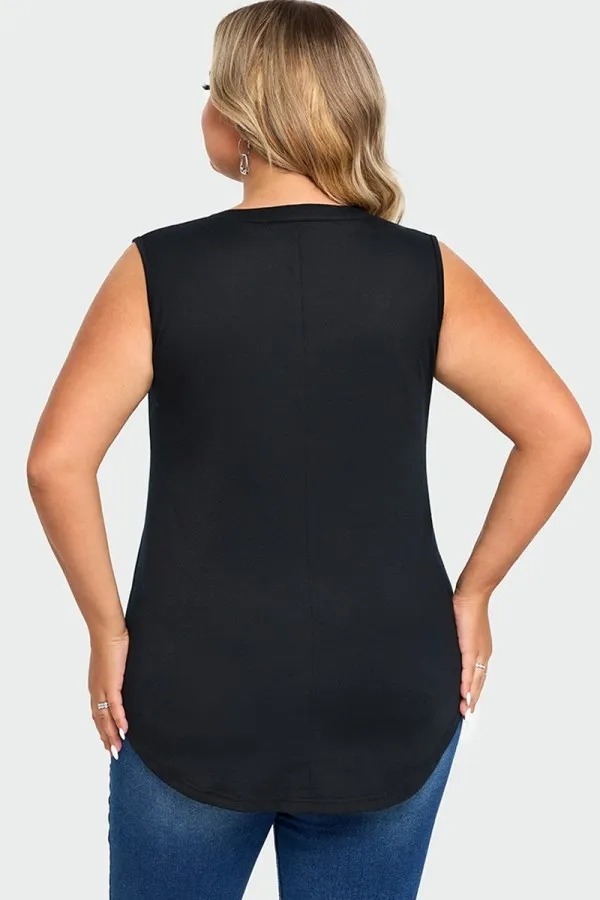 Solid Black Hem Sleeveless Notched V Neck Tank Top