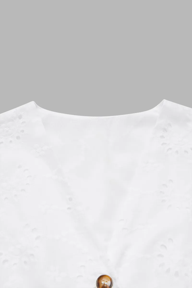 Solid Eyelet Embroidery Button Front V Neck Asymmetrical Vest